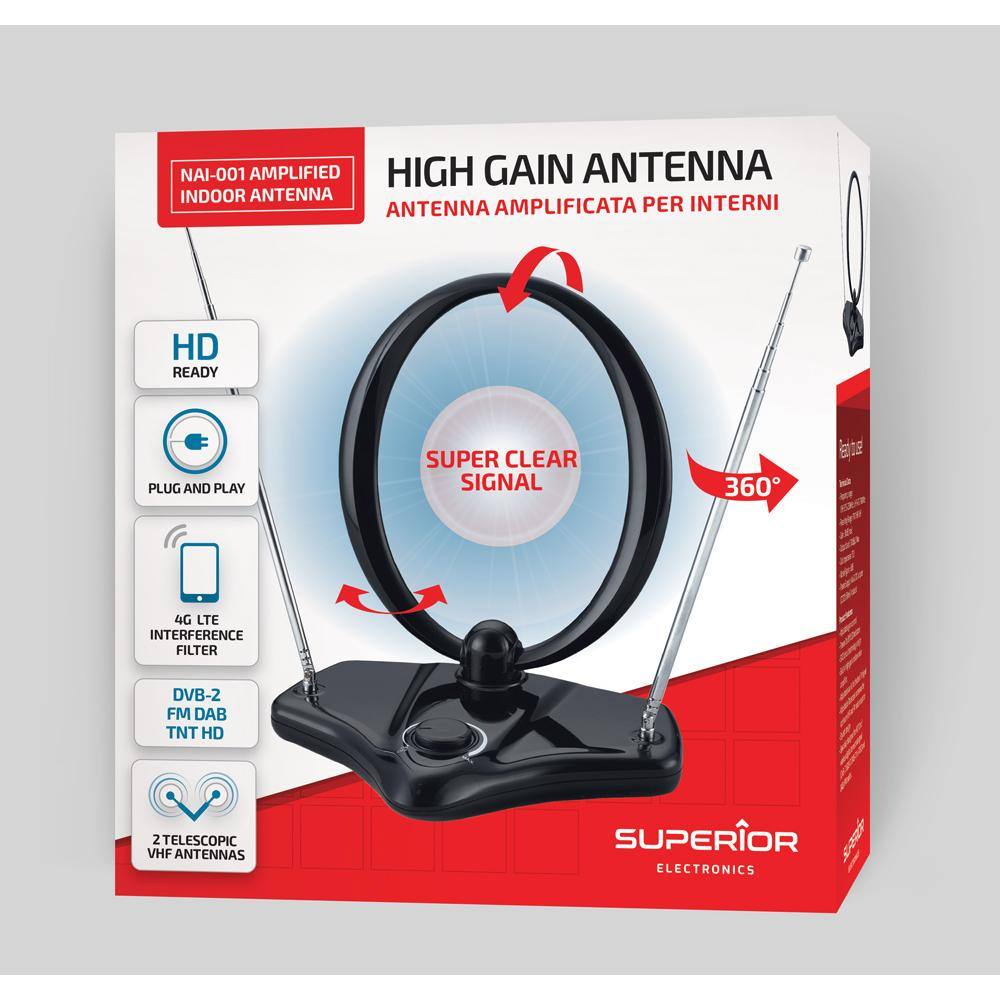 Superior Εσωτερική Ενισχυμένη Κεραία Τηλεόρασης VHF/UHF/FM με Υποστήριξη HD/Full HD/4K (SUPNAI001) (SPRSUPNAI001)