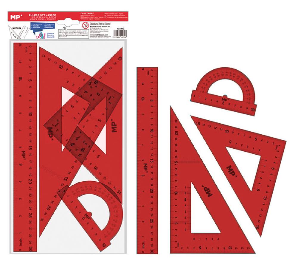 MP σετ χάρακες PA144C, διάφανο πλαστικό, 4τμχ, κόκκινο