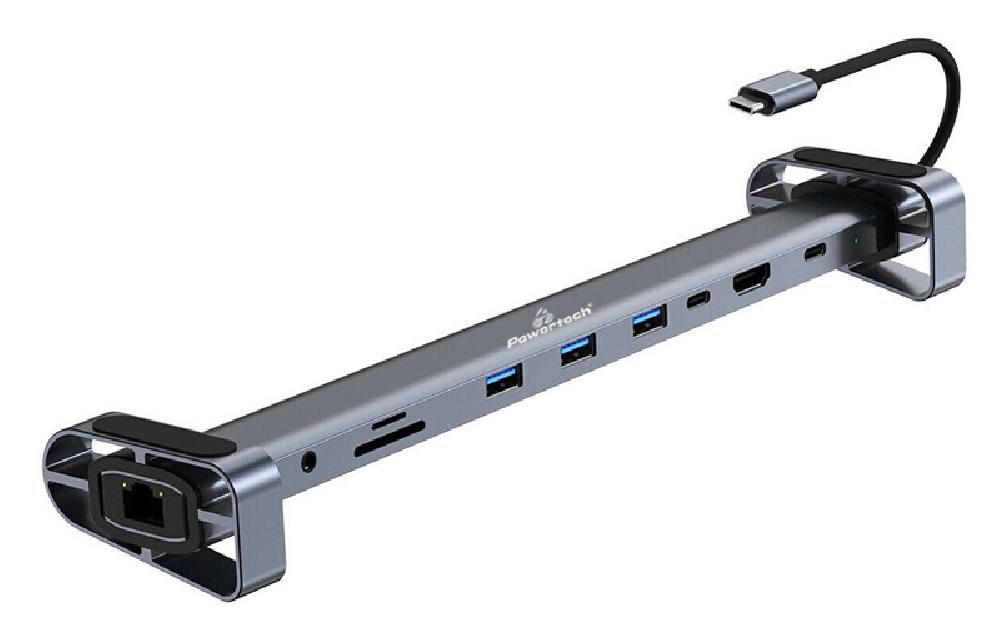 POWERTECH docking station PTR-0152, 10 θυρών, βάση laptop, USB-C, γκρι
