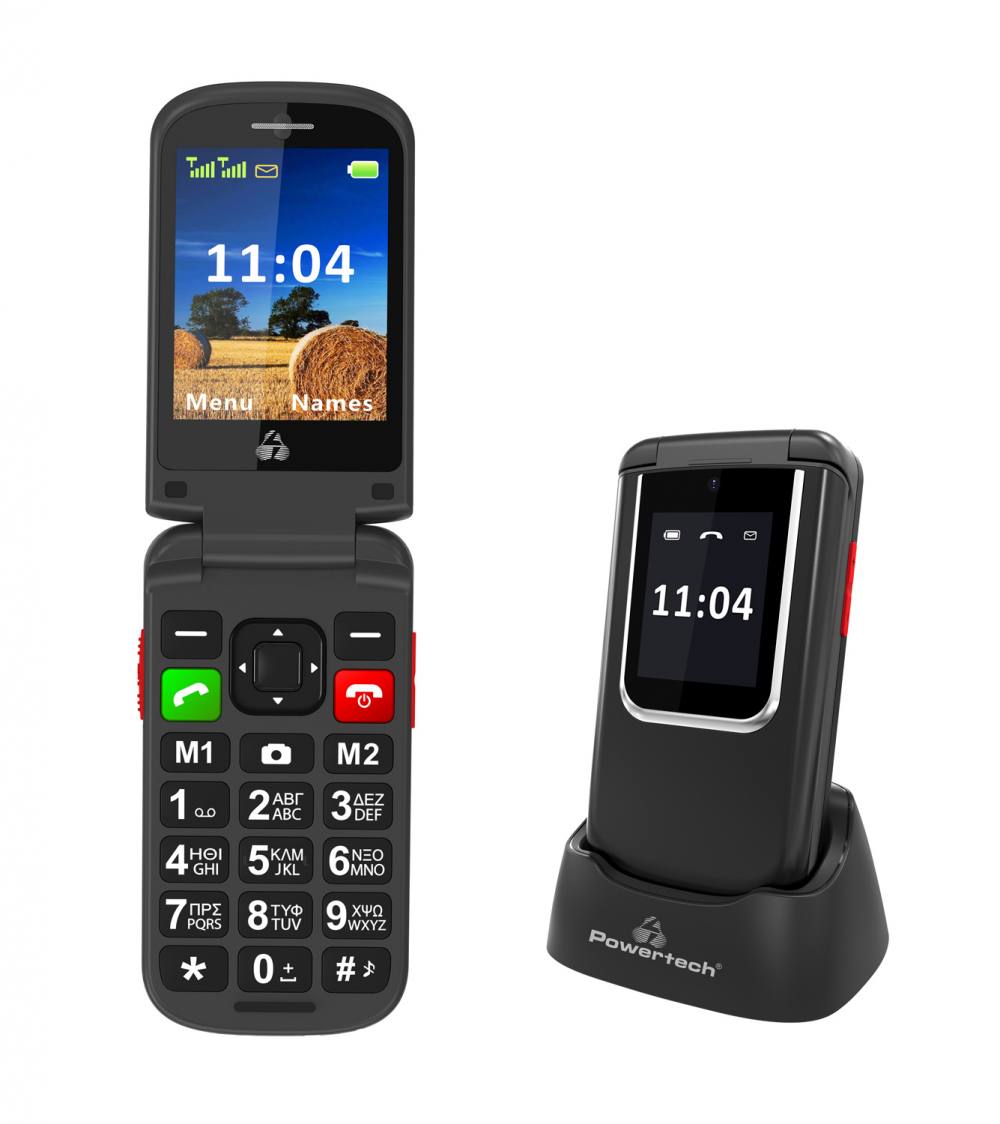POWERTECH κινητό τηλέφωνο Sentry 4G Flip, 2.8/1.77", dual SIM, πλήκτρο SOS, μαύρο