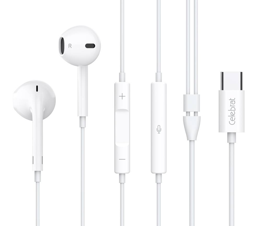 CELEBRAT earphones με μικρόφωνο E500, USB-C σύνδεση, Φ14mm, 1.2m, λευκά