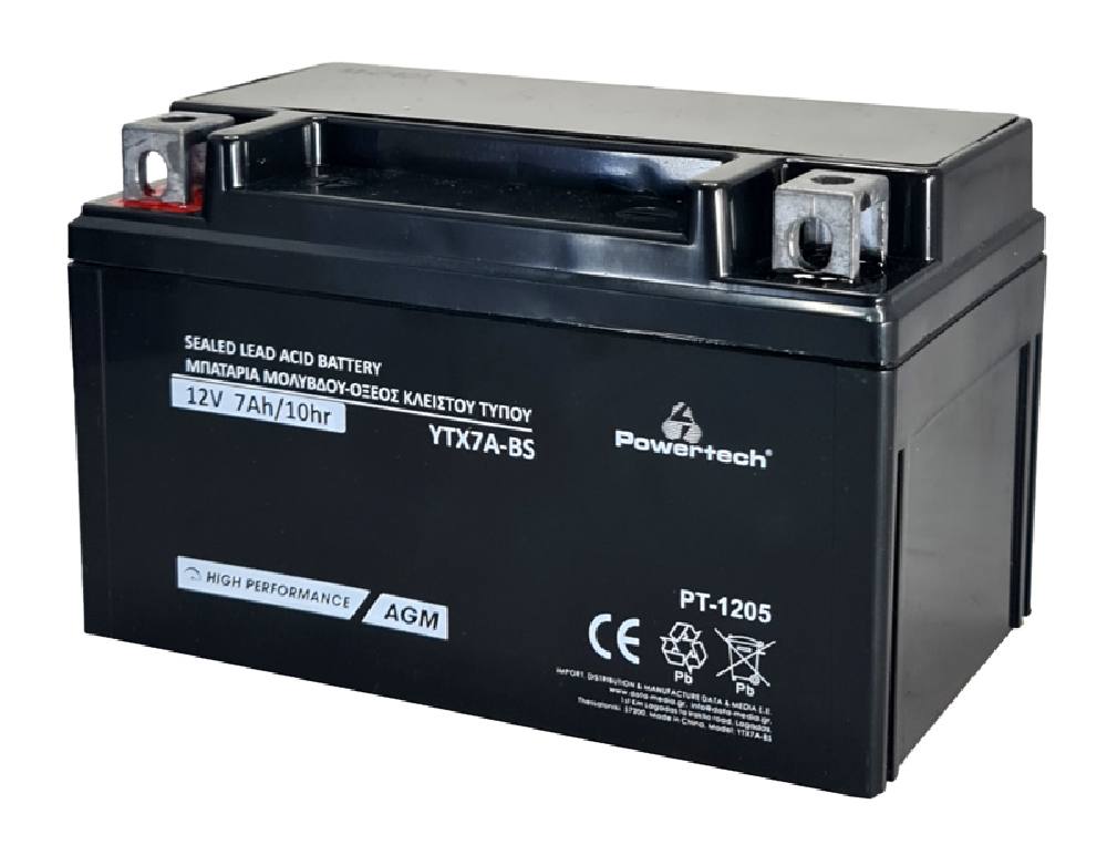 POWERTECH μπαταρία μολύβδου μοτοσυκλέτας PT-1205, 12V 7Ah, AGM, YTX7A-BS