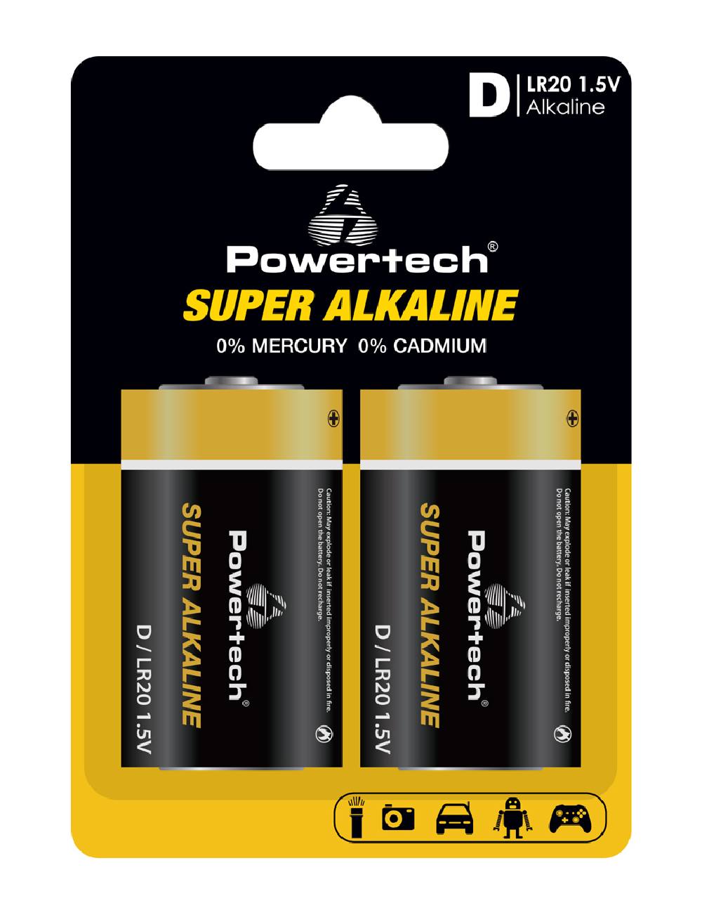 POWERTECH αλκαλικές μπαταρίες Super Alkaline PT-1217, LR20, 1.5V, 2τμχ