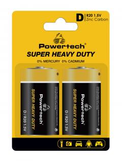 POWERTECH μπαταρίες Zinc Carbon Super Heavy Duty PT-1222, R20 1.5V, 2τμχ