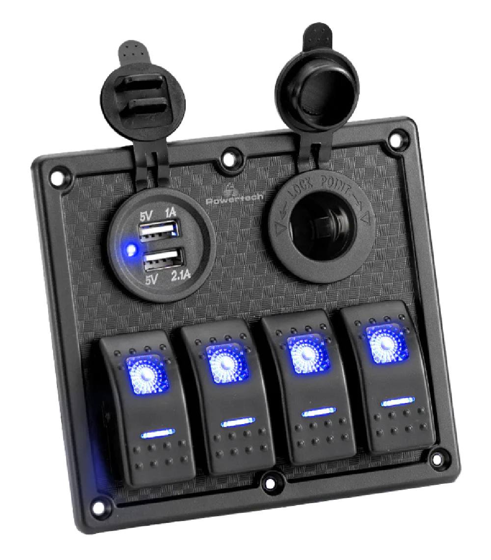 POWERTECH πάνελ σκαφών & οχημάτων PTL-017, πρίζα 12V/2x USB/4x διακόπτες