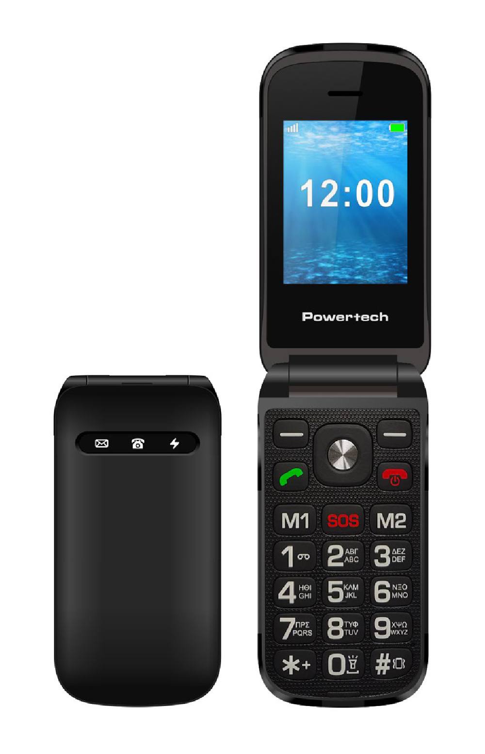 POWERTECH κινητό τηλέφωνο Milly Flip, 2.4", dual SIM, πλήκτρο SOS, μαύρο