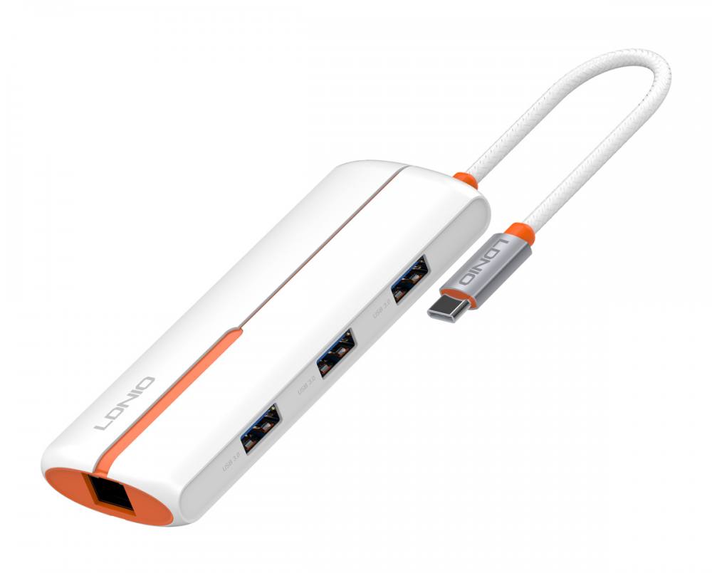 LDNIO USB hub DS-26U με θύρα δικτύου, 6 θυρών, USB-C σύνδεση, 100W PD, λευκό