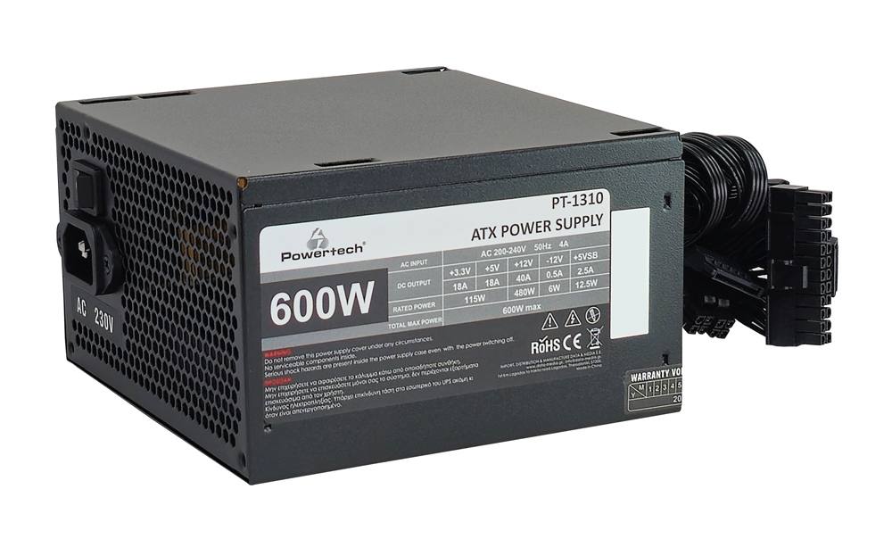 POWERTECH τροφοδοτικό PC PT-1310, 600W, ATX, 120mm Fan
