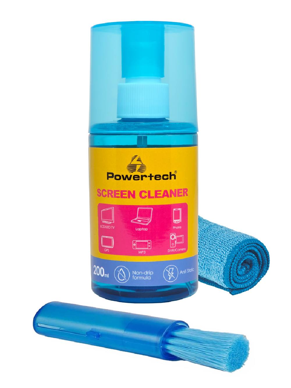 POWERTECH σπρέι καθαρισμού οθόνης PT-1313 με πανί μικροϊνών & βουρτσάκι, 200ml