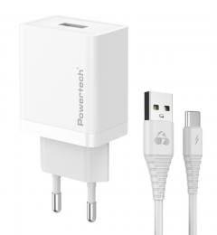 POWERTECH φορτιστής τοίχου PT-1322 με καλώδιο USB-C, USB, 12W, λευκός