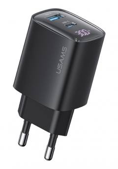 USAMS φορτιστής τοίχου US-CC229, USB & USB-C, 30W, GaN, μαύρος