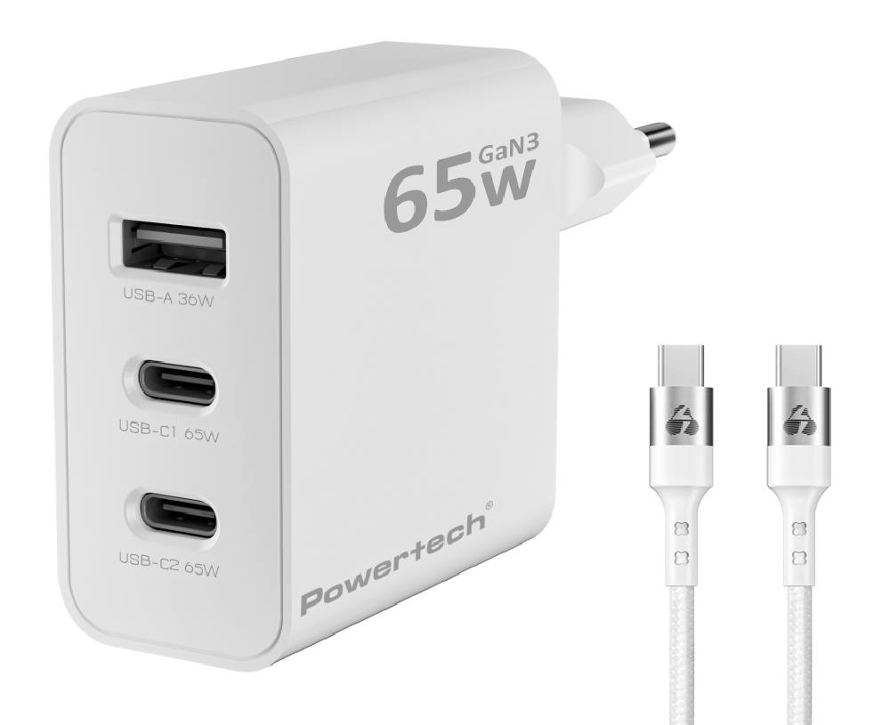 POWERTECH φορτιστής τοίχου PT-1378 με καλώδιο, USB/2x USB-C, 65W, GaN, λευκός