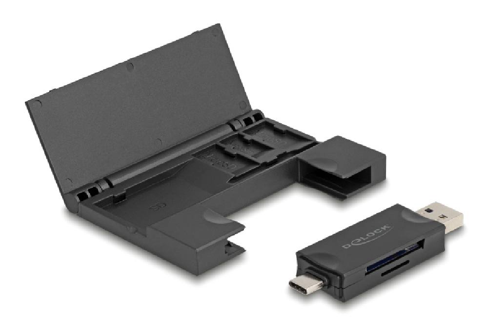 DELOCK card reader 91014 για SD & micro SD, με θήκη, USB/USB-C, 5Gbps, μαύρο