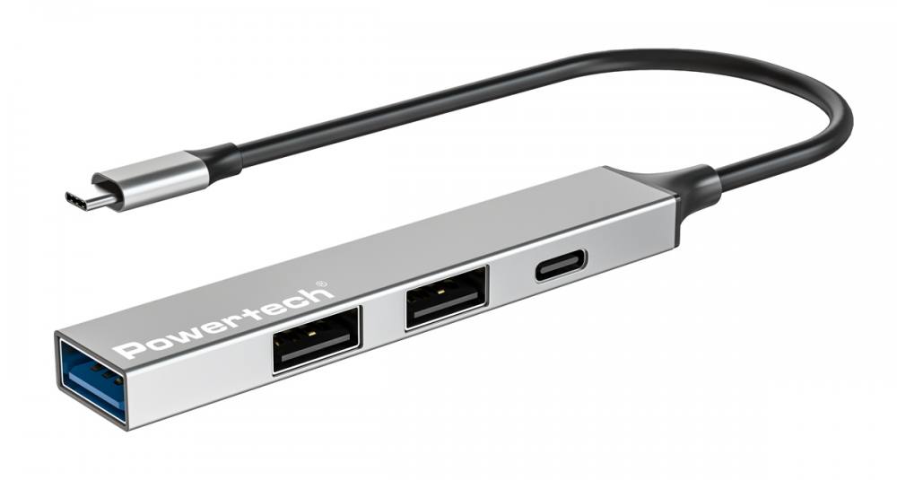 POWERTECH USB hub PT-1412, 4x θυρών, USB 3.2, 5Gbps, USB-C σύνδεση, γκρι