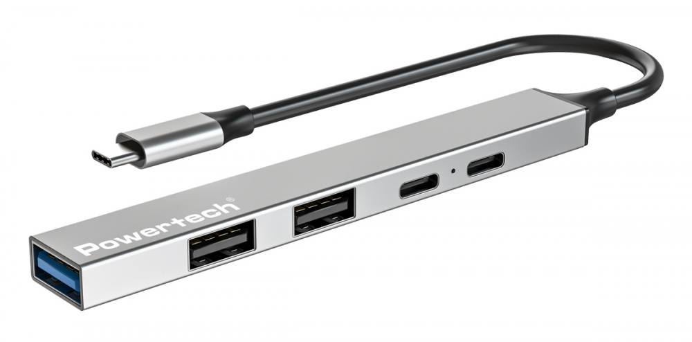 POWERTECH USB hub PT-1414, 5x θυρών, USB 3.2, 5Gbps, 100W, USB-C σύνδεση, γκρι