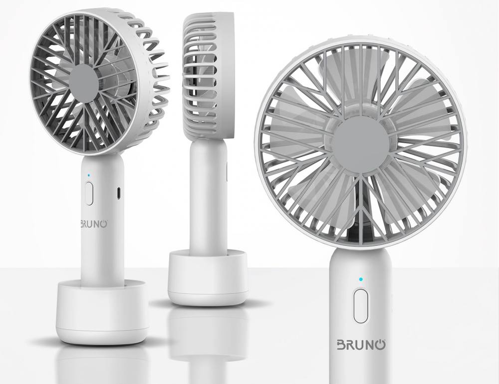 BRUNO BRN-0229 Φορητός ανεμιστήρας χειρός επαναφορτιζόμενος, με βάση και λουράκι μεταφοράς, λευκός-γκρί