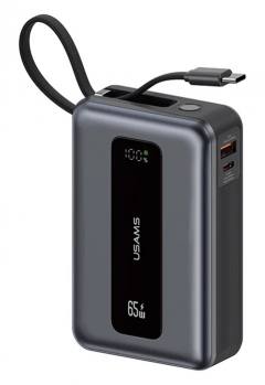 USAMS power bank CD243 με καλώδιο USB-C, 2x θύρες εξόδου, 20000mAh, 65W, γκρι