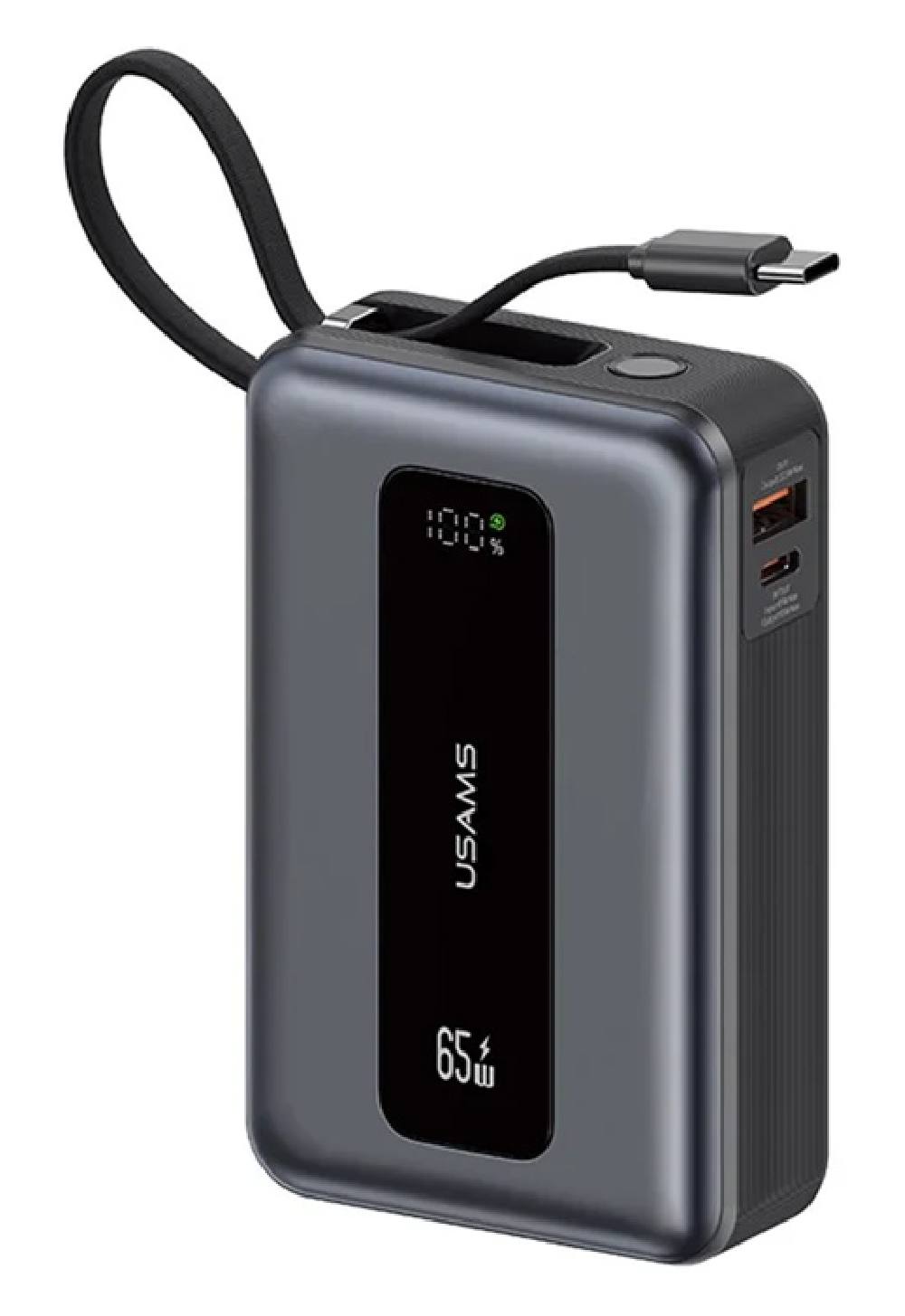 USAMS power bank CD243 με καλώδιο USB-C, 2x θύρες εξόδου, 20000mAh, 65W, γκρι