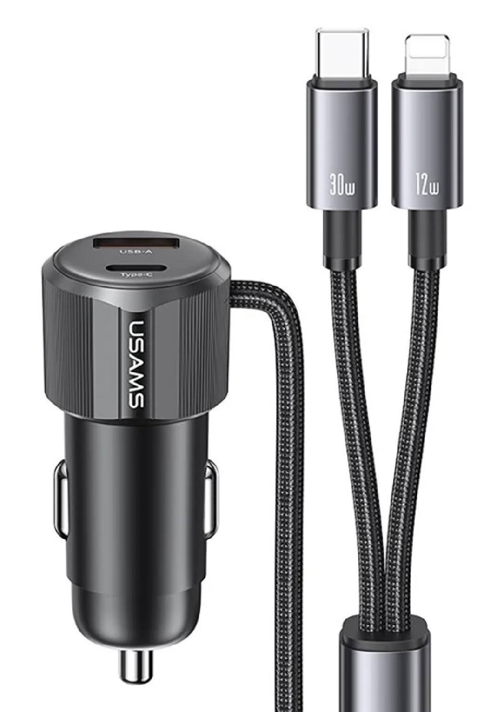 USAMS φορτιστής αυτοκινήτου CC287 με 2 σε 1 καλώδιο, USB/USB-C θύρες, 66W, μαύρος