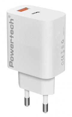 POWERTECH φορτιστής τοίχου PT-1433, USB/USB-C, 30W, GaN, λευκός