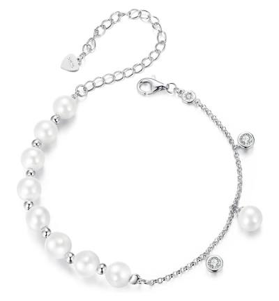 BAMOER βραχιόλι BSB189 με πέρλες & κυβική ζιρκόνια, ασήμι 925, ασημί