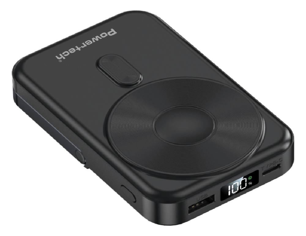 POWERTECH power bank με οθόνη PT-1416, 10000mah, magnetic wireless, 22.5W, μαύρο