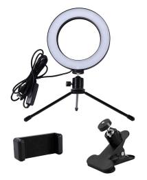 CABLETIME φωτιστικό δαχτυλίδι LED CT-LRL6-PB με μίνι τρίποδα & σφιγκτήρα, βάση smartphone, Φ16cm