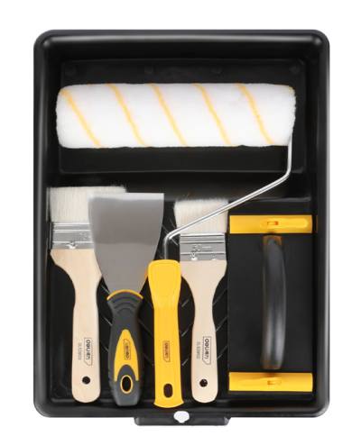 DELI σετ βαφής DL528006, ρολό/2x πινέλα/σπάτουλα/γυαλοχαρτιέρα/σκάφη, 6τμχ