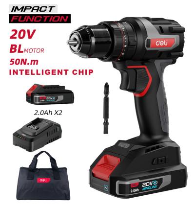 DELI κρουστικό δραπανοκατσάβιδο μπαταρίας DE-CZ20-2D2, Brushless, 20V, 2x 2Ah, 50N.m
