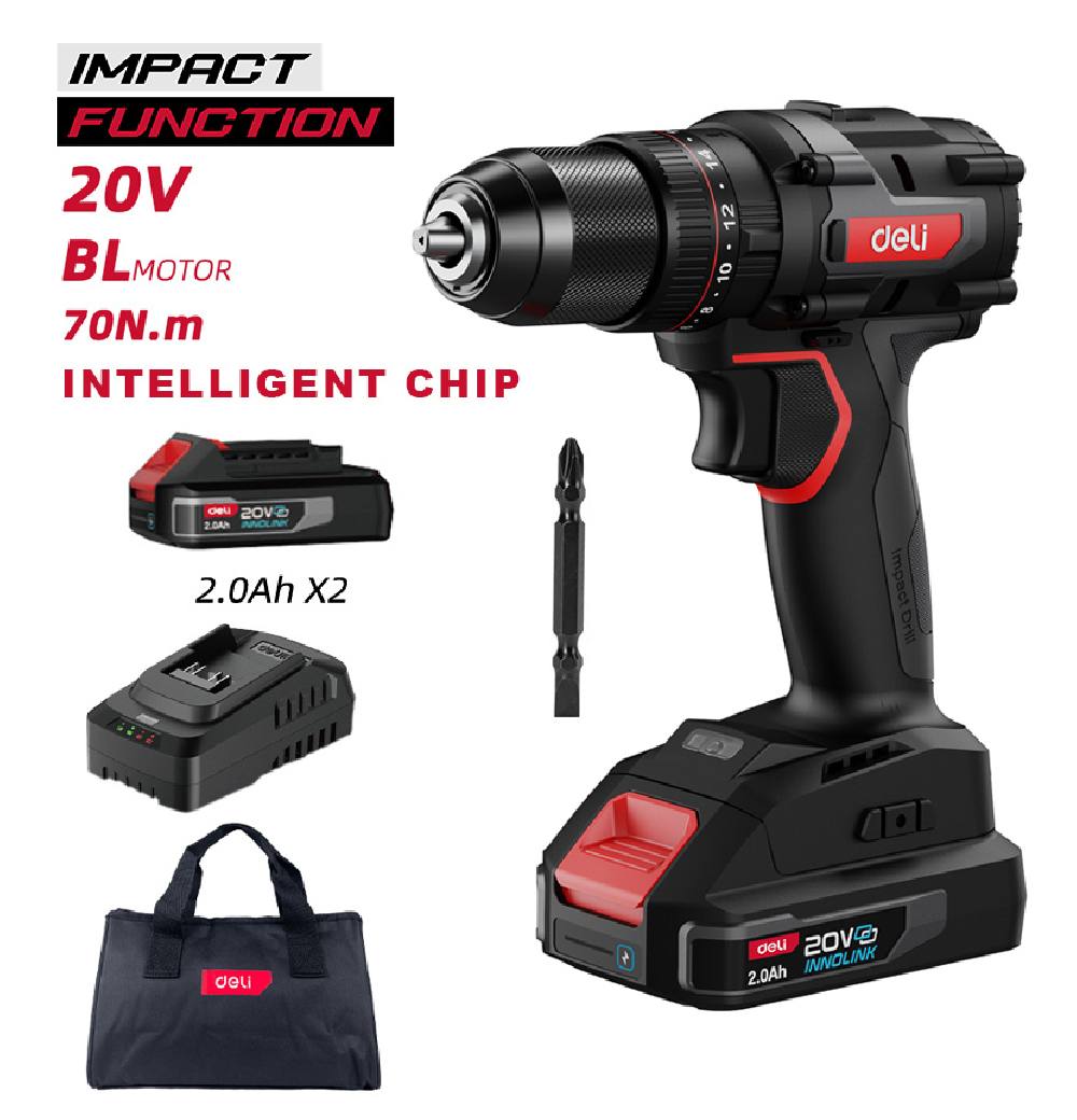 DELI κρουστικό δραπανοκατσάβιδο μπαταρίας DE-CZ20-1D2, Brushless, 20V, 2x 2Ah, 70N.m