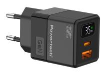 POWERTECH φορτιστής τοίχου PT-1499 με οθόνη, USB/USB-C, 35W, GaN, μαύρος