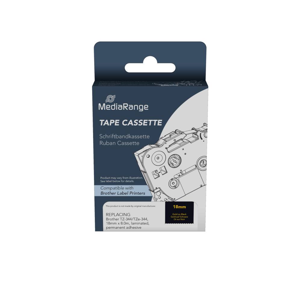 Ετικέτες Γενικής Χρήσης Mediarange (Brother TZ-344/TZe-344) 18mm, 8m, Laminated and Permanent Adhesive, Gold on Black (MRBTZ344)