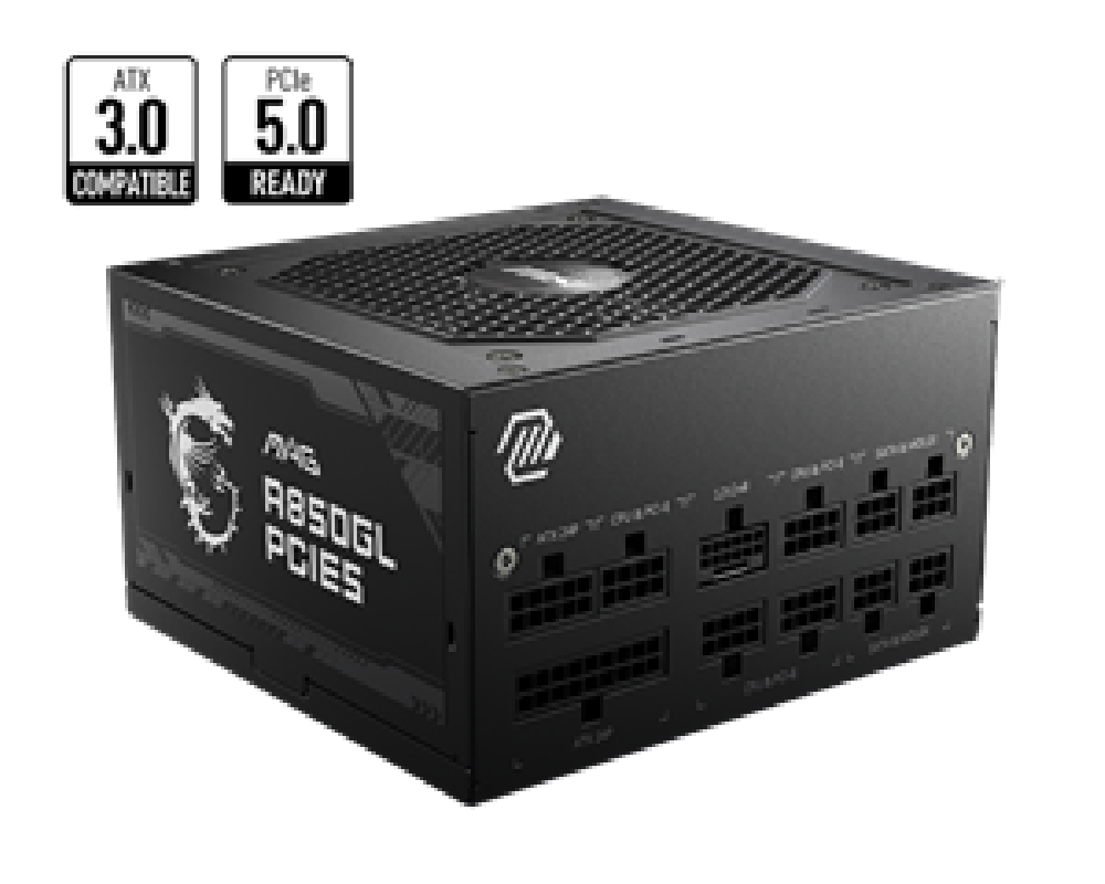 MSI PSU 850W MAG A850GL PCIE5, 80+ GOLD CERTIFIED, FULL MODULAR CABLES, FLUID DYNAMIC BEARING 120MM QUIET & COOL FAN, 7YW.