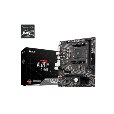 MSI MB A520M-A PRO, SOCKET AMD AM4, CS AMD A520, 2 DIMM SOCKETS DDR4, DVI-D/HDMI, PCI-E GEN 3.0, GIGABIT LAN, MICRO-ATX, 3YW.