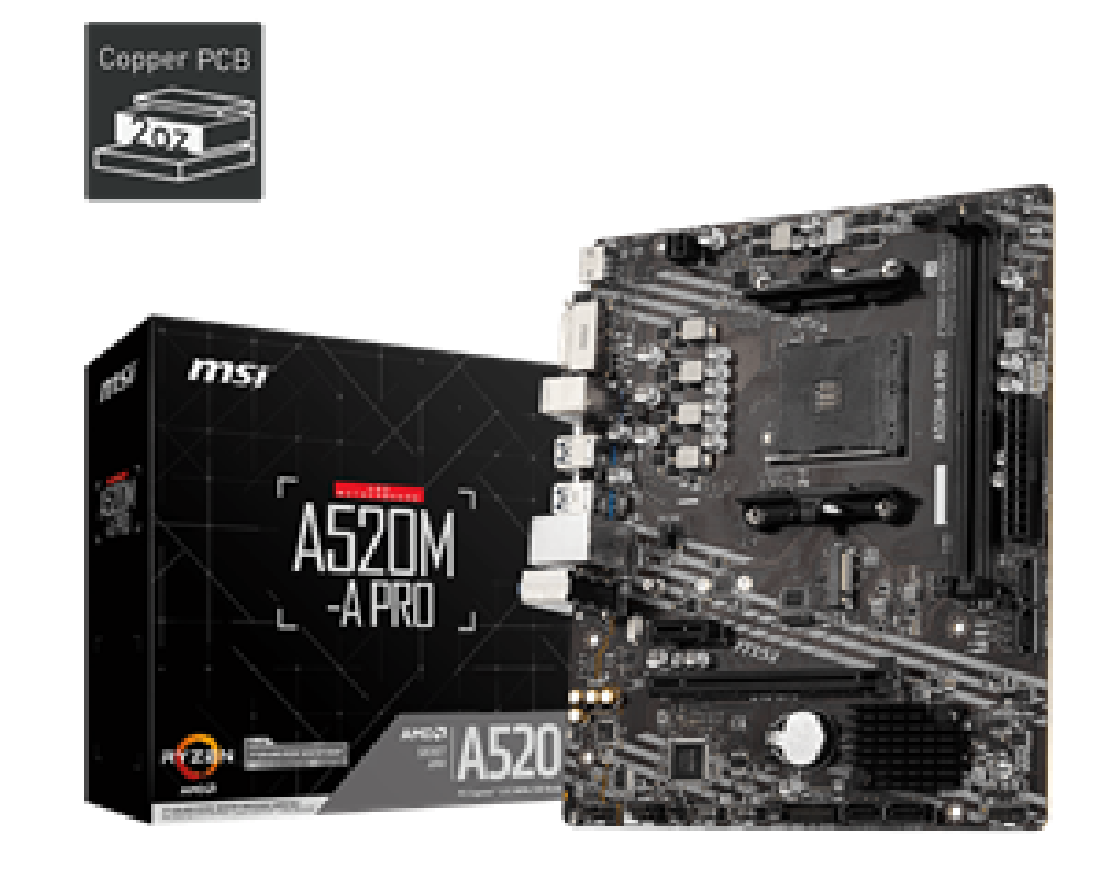 MSI MB A520M-A PRO, SOCKET AMD AM4, CS AMD A520, 2 DIMM SOCKETS DDR4, DVI-D/HDMI, PCI-E GEN 3.0, GIGABIT LAN, MICRO-ATX, 3YW.