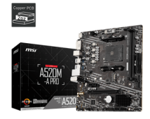MSI MB A520M-A PRO, SOCKET AMD AM4, CS AMD A520, 2 DIMM SOCKETS DDR4, DVI-D/HDMI, PCI-E GEN 3.0, GIGABIT LAN, MICRO-ATX, 3YW.