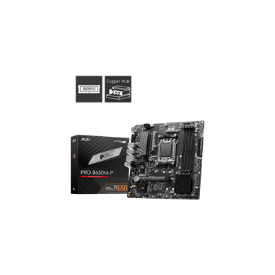MSI MB PRO B650M-P, SOCKET AMD AM5, CS AMD B650, 4 DIMM SOCKETS DDR5, HDMI/DP/VGA, PCI-E GEN 4.0, 2.5G LAN, MICRO-ATX, 3YW.