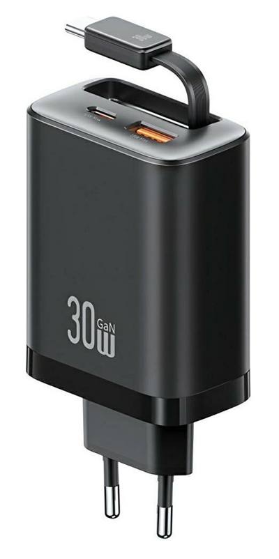 USAMS φορτιστής τοίχου CC296 με καλώδιο, USB & USB-C, 30W, μαύρος