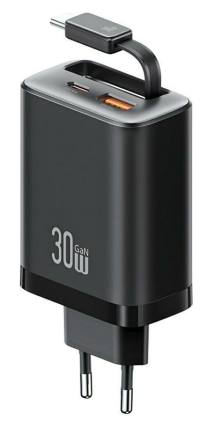 USAMS φορτιστής τοίχου CC296 με καλώδιο, USB & USB-C, 30W, μαύρος