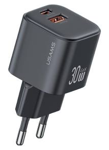USAMS φορτιστής τοίχου CC263, USB & USB-C, 30W, GaN, μαύρος