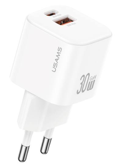 USAMS φορτιστής τοίχου CC263, USB & USB-C, 30W, GaN, λευκός