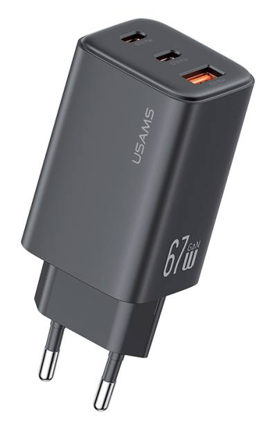 USAMS φορτιστής τοίχου CC265, USB & 2x USB-C, 67W, GaN, μαύρος