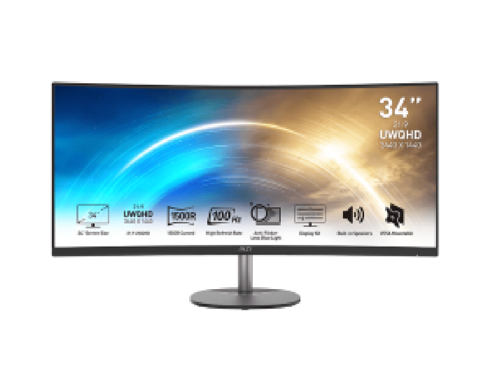 MSI MONITOR PRO MP341CQ, CURVED VA UWQHD, 34", 21:9, 300CD/M2, 3000:1, 1MS, 100Hz, 3440x1440, 2xHDMI/ DP/ HP OUT, 2x2W SPEAKERS,