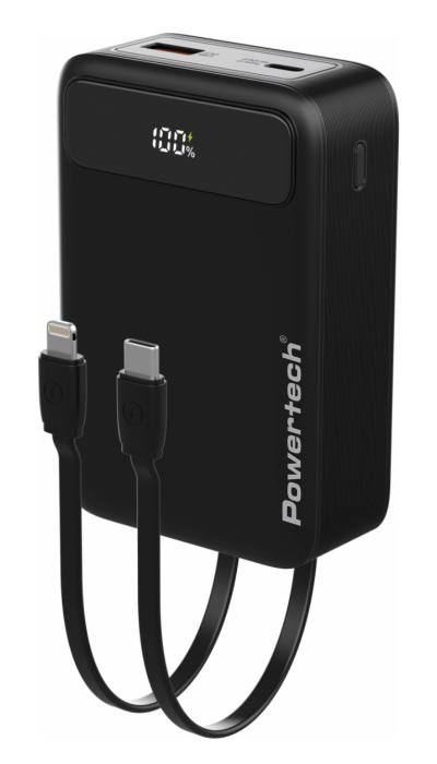 POWERTECH power bank PT-1504 με καλώδια & οθόνη, 20000mah, 22.5W, μαύρο