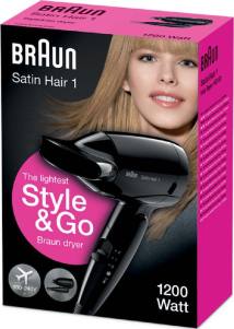 Πιστολάκι Μαλλιών Ταξιδίου Braun BRHD130 Satin Hair 1 Style & Go 1200W με 2 Επίπεδα Θέρμανσης και Ιονική Λειτουργία Μαύρο