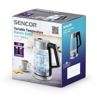 Βραστήρας με Γυάλινη Κανάτα και Επιλογή Θερμοκρασίας 2lt 2200W Glass Sencor SWK 1890SS Ασημί