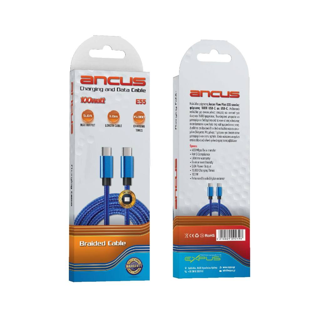 Καλώδιο Σύνδεσης και Φόρτισης Ancus Flow Plus E55 Fast Charge USB-C σε USB-C 5.0A PD100W με Braided Καλώδιο Μπλέ 1m. Με 5 Χρονια