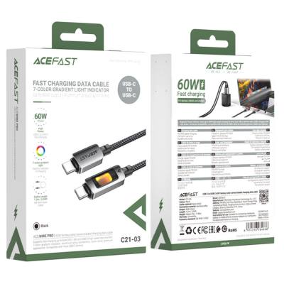 Καλώδιο Acefast C21-03 USB-C σε USB-C 60W 3A Fast Charge USB2.0 με LED Φωτισμό Braided Μαύρο 1.2m