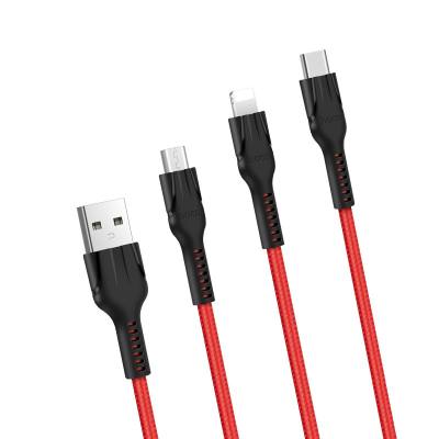 Καλώδιο σύνδεσης Hoco U31 Benay 3 σε 1 USB σε Micro-USB, Lightning, USB-C Braided Κόκκινο 1.2m