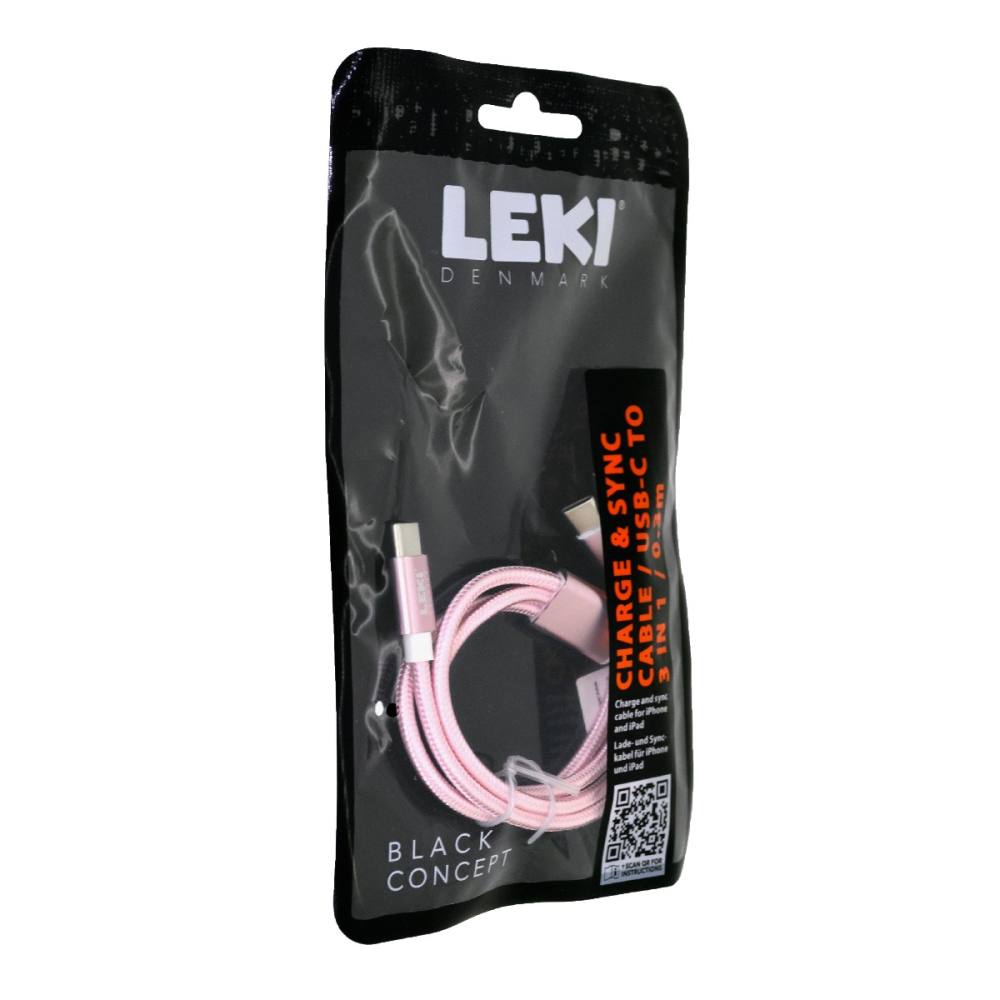Καλώδιο Σύνδεσης και Φόρτισης Leki Black Concept USB-C σε Multiport USB-C/Lightning/MicroUsb Braided Ροζ 0.3m